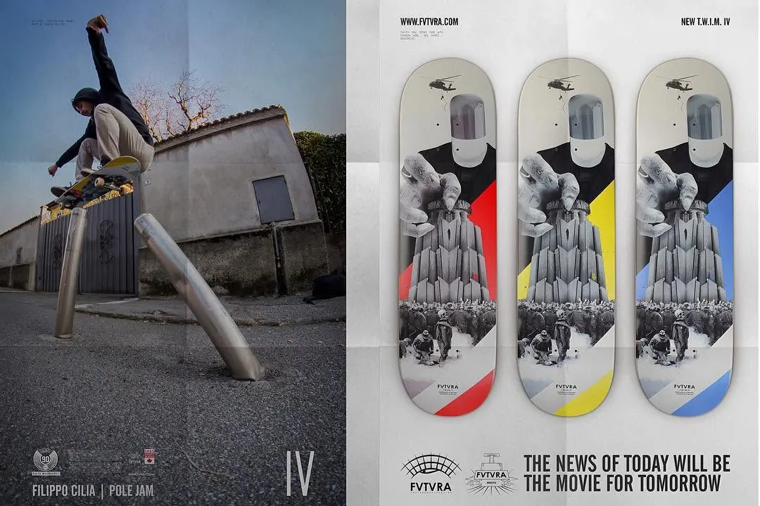 FVTVRA magazine ad: a pole jam across a bent bollard on the left page, three TWIM IV board graphics on the right